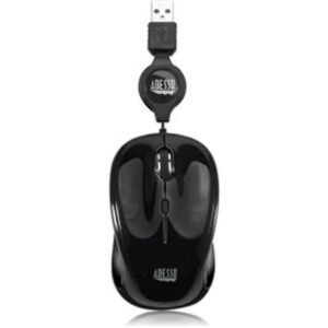 Adesso Illuminated Retractable Mouse, USB 2.0, Left/right Hand Use, Black ( ADEIMOUSES8B )