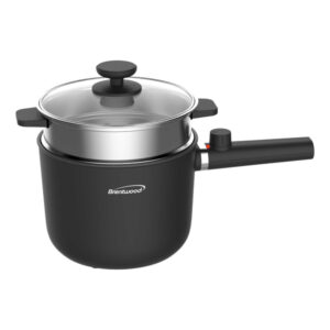Brentwood HPS-3150BK 1.6-Qt. 600-Watt Multifunction Electric Hot Pot Cooker with Ceramic Nonstick Coating and Stainless-Steel Food Steamer, Straight Handle, Black