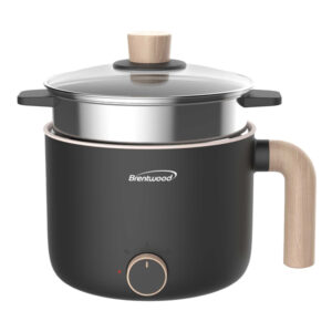 Brentwood HPS-3172BK 1.6-Qt. 600-Watt Multifunction Electric Hot Pot Cooker with Ceramic Nonstick Coating and Stainless Steel Food Steamer, Angled Handle (Black)