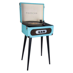Proscan PRC894-BLUE 6-Watt 3-Speed Belt-Drive Manual Retro Suitcase-Style Turntable with Built-in Speakers, Bluetooth, FM Radio, Aux, 45-RPM Adapter, and Stand