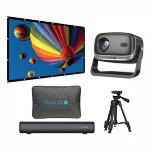 Fugoo FPJ1080PS Outdoor Projector Bundle with 1080p Projector, 15.7-In. Bluetooth Sound Bar, 120-In. Screen, and Adjustable Tripod
