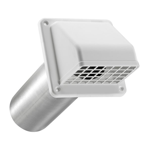 Lambro 224W-B 4-In. Plastic Wall Exhaust Hood Dryer Vent with Damper, Removable Screen, and 11-In. Pipe, No Interior Trim Plate, White, 224W-B