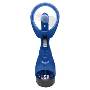Celebrate 250 250F150B 1-In. Portable Misting Fan with 2 Soft-Flex Blades, 1 Speed, Ice-Capable 6-Oz. Water Reservoir, Quiet, Battery Operated (Blue)