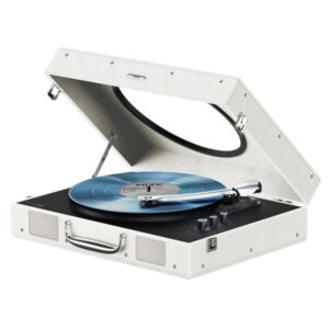 Mixx USRP-65-CM-053 5-Watt Revival 65 2-Speed Belt-Drive Manual Suitcase Vinyl Record Player with Built-in Speakers, Bluetooth In/Out, Aux, and 45-RPM Adapter (Cream)