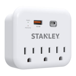 STANLEY 30423 3-AC Outlet 2-USB Port 600-Joules SurgePro 3 USB Extreme Surge Protector Wall Tap with PD Fast Charging and Integrated Phone Shelf, 30423