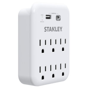 STANLEY 30426 6-AC Outlet 2-USB Port 1,200-Joules SurgePro 1200 USB Extreme Surge Protector Wall Tap Adapter with Integrated Phone Shelf, 30426