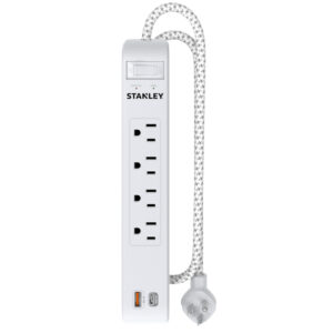 STANLEY 33253 4-AC Outlet 2-USB Port 600-Joules SurgeMax Surge Protector Power Strip with PD, 6-Ft. Fabric-Braided Cord with Low-Profile Plug, 33253