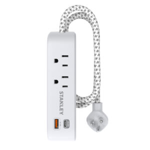 STANLEY 33254 2-AC Outlet 2-USB Port 300-Joules SurgeMax Surge Protector Power Strip with PD, 6-Ft. Fabric-Braided Cord with Low-Profile Plug (White)