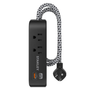 STANLEY 33255 2-AC Outlet 2-USB Port 300-Joules SurgeMax Surge Protector Power Strip with PD, 6-Ft. Fabric-Braided Cord with Low-Profile Plug (Black)