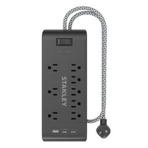 STANLEY 33308 8-AC Outlet 2-USB Port 2,400-Joules Surge Blok Surge Protector Power Strip with PD, 6-Ft. Fabric-Braided Cord with Low-Profile Plug, 33308