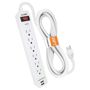 Digital Energy ENR1-1006 6-AC Outlet and 2-USB Port 1,050-Joules Surge Protector Power Strip with Straight Plug (25 Ft.; White)