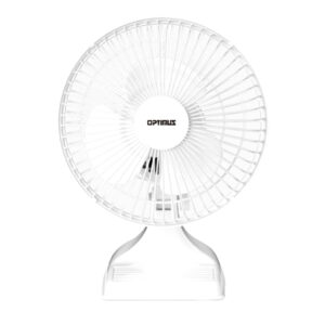Optimus F-0645 6-In. Portable Personal Clip-on Fan with Desk Base, 2 Speeds, 100 CFM, 3 Blades, Adjustable Tilt, 15 Watts, Quiet Operation, 5.5-Ft. Cord