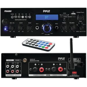 Pyle PDA6BU 2.0-Channel 200-Watt-Max Bluetooth Compact Stereo Amplifier/Receiver with 2 Mic Inputs, FM Radio, USB, microSD, and Remote, PDA6BU