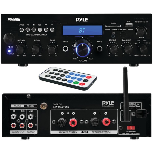 Pyle PDA6BU 2.0-Channel 200-Watt-Max Bluetooth Compact Stereo Amplifier/Receiver with 2 Mic Inputs, FM Radio, USB, microSD, and Remote, PDA6BU