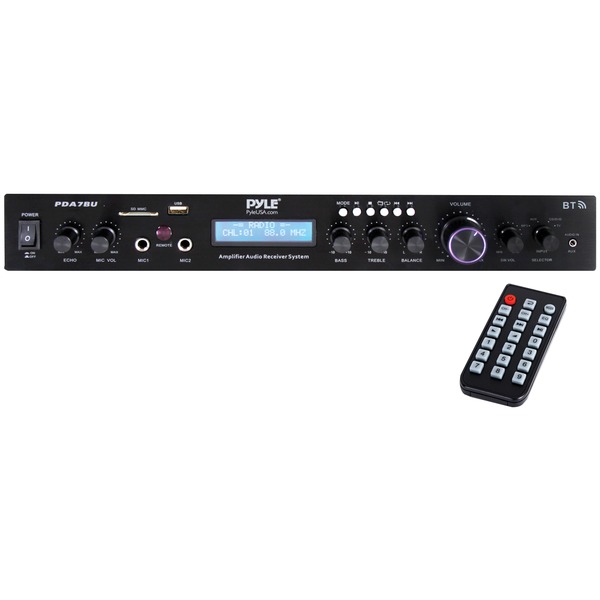 Pyle PDA7BU 2.1-Channel 200-Watt-Max Bluetooth Stereo Amplifier/Receiver with 2 Mic Inputs, FM Radio, USB, microSD, and Remote, PDA7BU