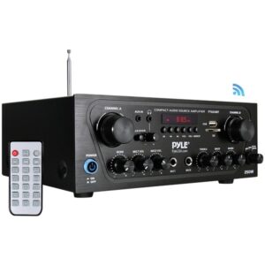 Pyle PTA24BT 2.0-Channel 250-Watt-Max Bluetooth Stereo Amplifier/Receiver with 2 Mic Inputs, Sub Out, FM Radio, USB, microSD, and Remote, PTA24BT