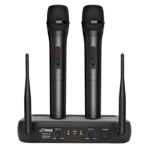 Pyle PDWM2135 VHF Dual-Channel Fixed-Frequency Wireless Microphone System with 2 Handheld Microphones, Adjustable Volume, PDWM2135