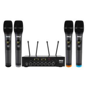 Pyle PDWM4120 Home and Office UHF 50-Channel Wireless Microphone System with 4 Handheld Microphones, Bluetooth Input, Adjustable Volume, PDWM4120