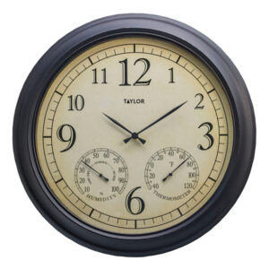 Taylor Precision Products 92728T 18.5-In. Bronze Analog Quartz Time/Temp/Hygrometer Outdoor Round Clock, Battery Operated, UV/Fade-Resistant, Metal