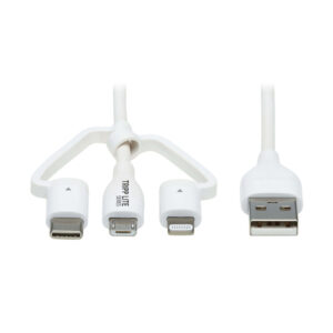 Tripp Lite by Eaton M101AB-004-LMCW Safe-IT Universal USB-A to Lightning, USB Micro-B, and USB-C Charge and Sync Antibacterial Cable, White, 4 Ft.