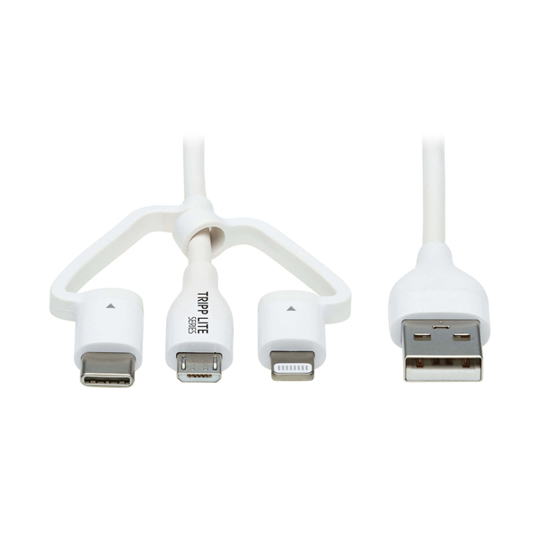 Tripp Lite by Eaton M101AB-004-LMCW Safe-IT Universal USB-A to Lightning, USB Micro-B, and USB-C Charge and Sync Antibacterial Cable, White, 4 Ft.