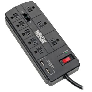 Tripp Lite by Eaton TLP88TUSBB 8-AC Outlet, 2-USB Port, and Telco 1,200-Joules Protect It! Surge Protector Power Strip with Safety Covers, 8-Ft. Cord