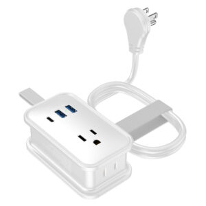 Uncaged Ergonomics TC-white Portable Travel Power Strip, 3 AC Outlets, 2 USB-A Ports, and 1 USB-C 20-Watt Fast-Charging Port, 3-Ft. Cord (White)