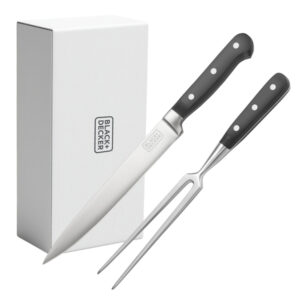 BLACK+DECKER BDK302B 2-Piece Stainless Steel Carving Set with 8-In. Knife and 7-In. Fork, Black ABS Handles, Magnetic Storage Box, BDK302B