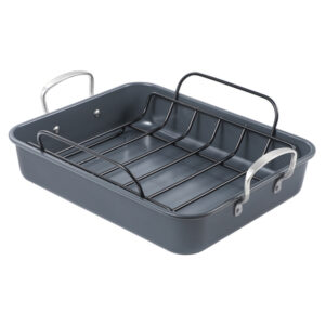 BLACK+DECKER BDK400B Large Turkey Roasting Pan with Rack and Stainless Steel Handles, Carbon Steel with Ceramic Nonstick Coating, BDK400B