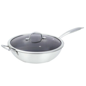 Brentwood B-WH30L 12-In. 4.2-Qt. 3-Ply Hybrid Non-Stick Stainless Steel Wok with Glass Lid