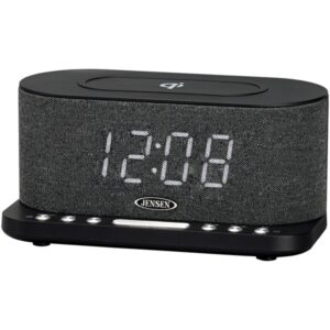JENSEN QiCR-50 FM Digital Dual-Alarm Clock Radio with Large Display, Wireless Qi and USB Charging, Aux Input, and Battery Backup, QiCR-50