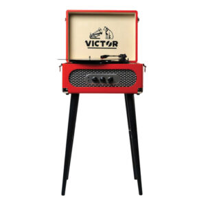Victor VWRP-3200-RD 6-Watt Andover 3-Speed Belt-Drive Manual Suitcase Turntable with Built-in Speakers, Bluetooth In/Out, FM, 45 Adapter, and Legs (Red)