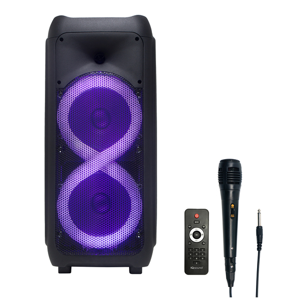 IQ Sound IQ-7288DJBT 15-Watt-RMS Portable Bluetooth Rechargeable Speaker with Two 8-In. Woofers, Lights, TWS, FM, USB/MicroSD/Aux/Mic Inputs, Mic, Remote