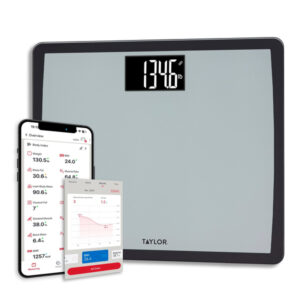 Taylor Precision Products 5345339 550-Lb.-Capacity Extra-Wide Precision Hub Smart Body Scale with Bluetooth, LED Display, App, BMI, Daily Calorie Estimator, up to 8 Users