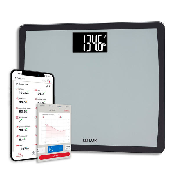 Taylor Precision Products 5345339 550-Lb.-Capacity Extra-Wide Precision Hub Smart Body Scale with Bluetooth, LED Display, App, BMI, Daily Calorie Estimator, up to 8 Users
