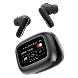 RCA Wave-45BLK WAVE-45 TWS Bluetooth In-Ear Earbuds with Mics, On-Ear Controls, ANC, Charging Case with Touch Screen, up to 6 Hours Play Time (Black)