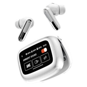 RCA Wave-45WHT WAVE-45 TWS Bluetooth In-Ear Earbuds with Mics, On-Ear Controls, ANC, Charging Case with Touch Screen, up to 6 Hours Play Time (White)