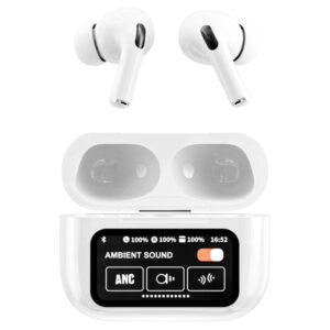 RCA Wave-48WHITE WAVE-48 TWS Bluetooth In-Ear Earbuds with Mics, On-Ear Controls, ANC, Charging Case with Screen, up to 6 Hours Play Time (White)