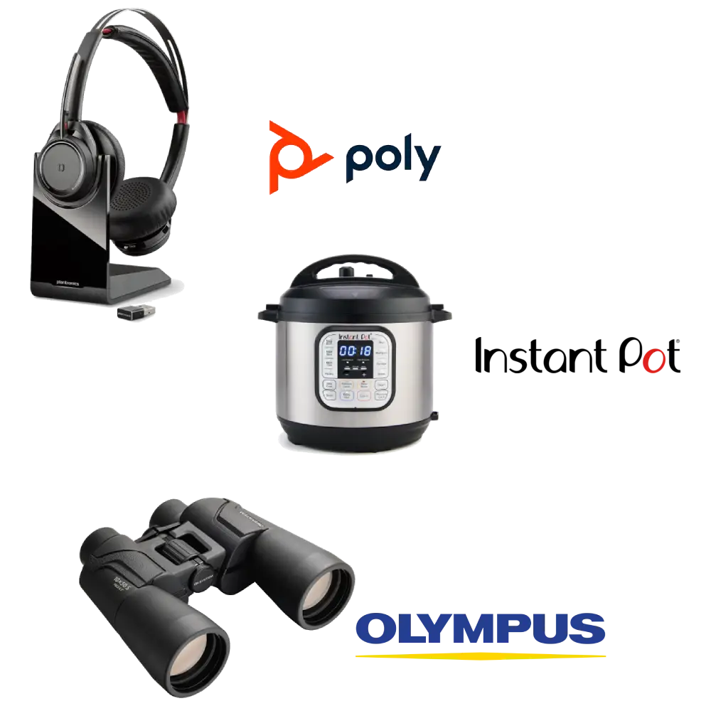 Poly wireless headset with charging base, an Instant Pot pressure cooker, and Olympus binoculars