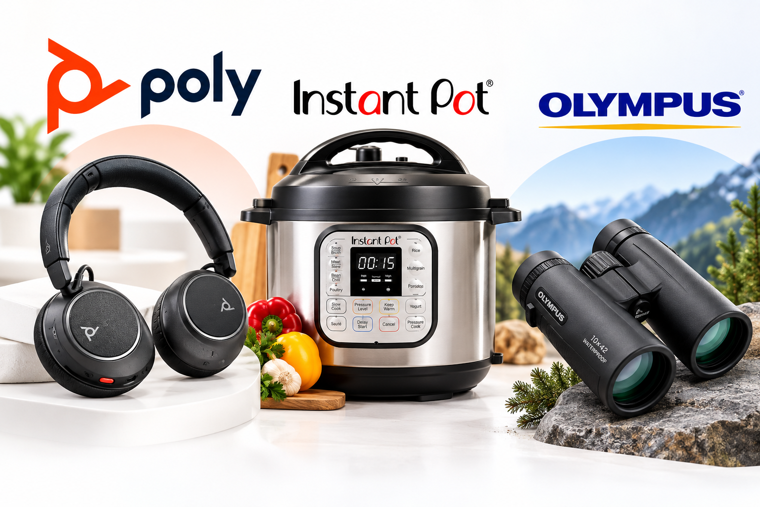 Poly headphones, an Instant Pot pressure cooker, and Olympus binoculars