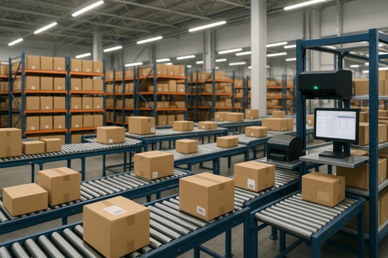Cardboard boxes on roller conveyors beside warehouse storage racks, with a computer and label printers at a packing station.